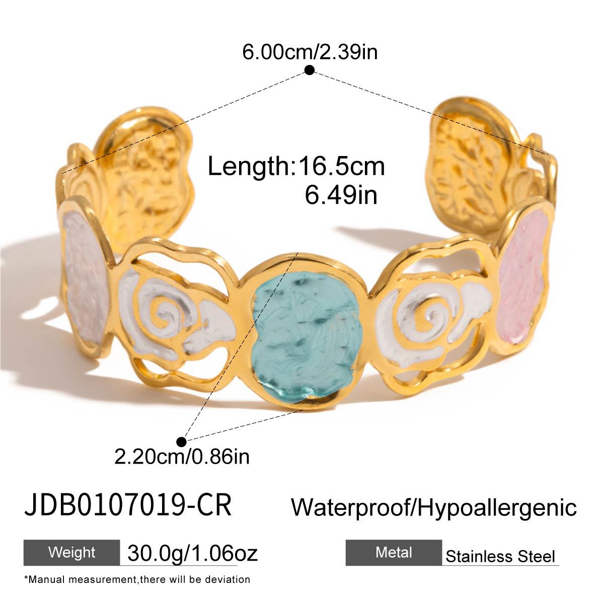 Gold bracelet with colorful stones and measurement details on a white background