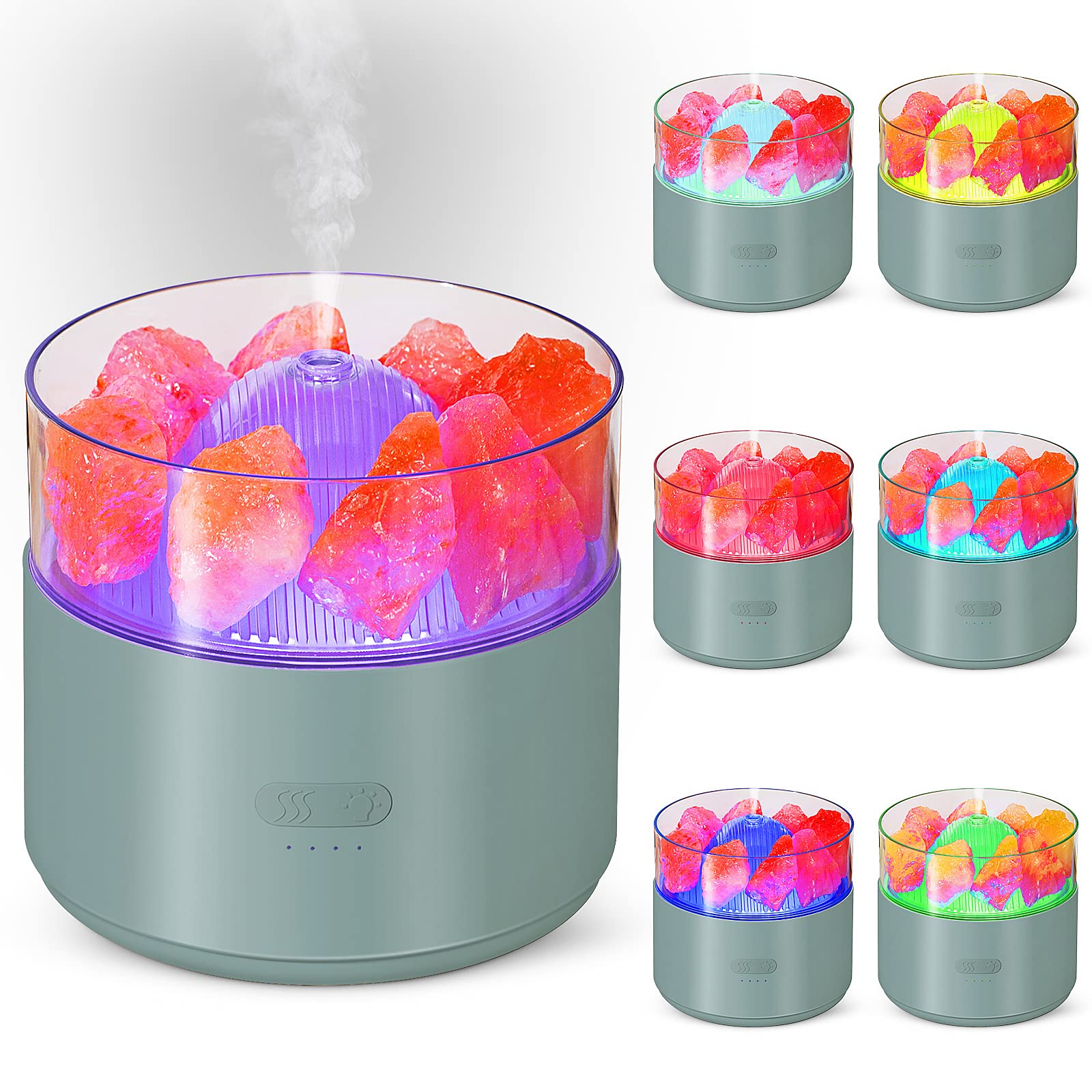 Humidifier with colorful LED lights and water beads on a white background