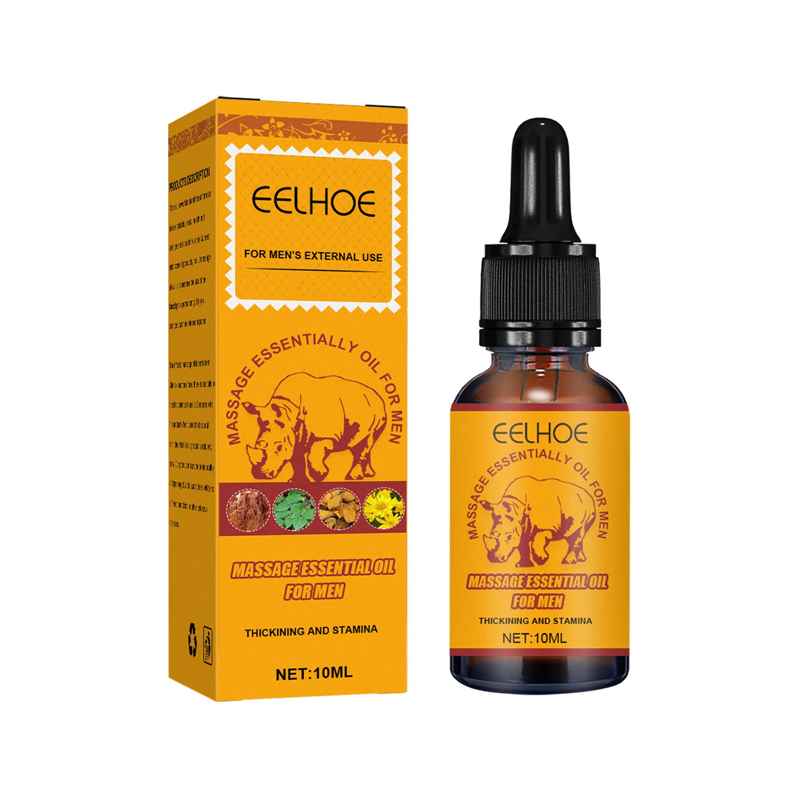Eelhoe massage essential oil bottle and packaging on a white background