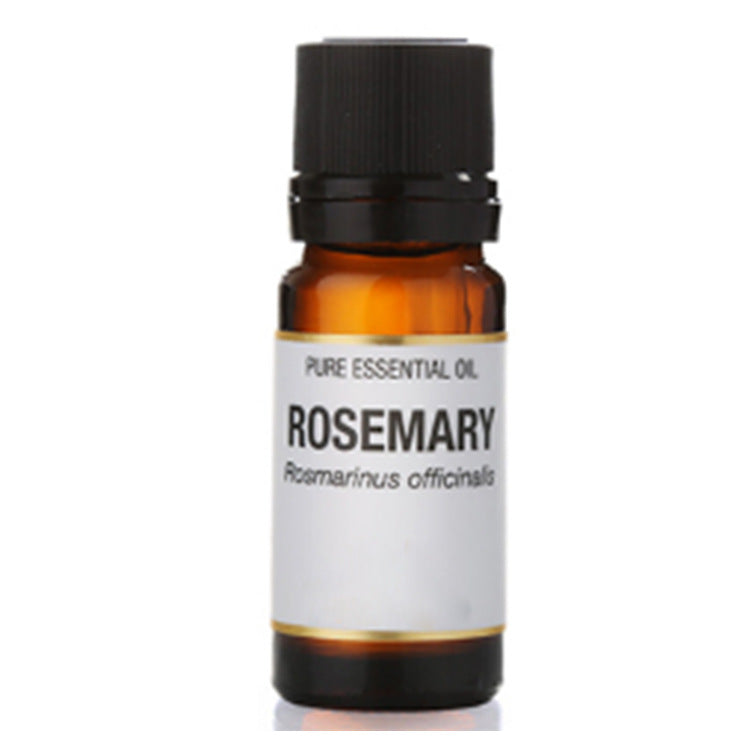 Bottle of pure essential oil labeled 'Rosemary' on a white background