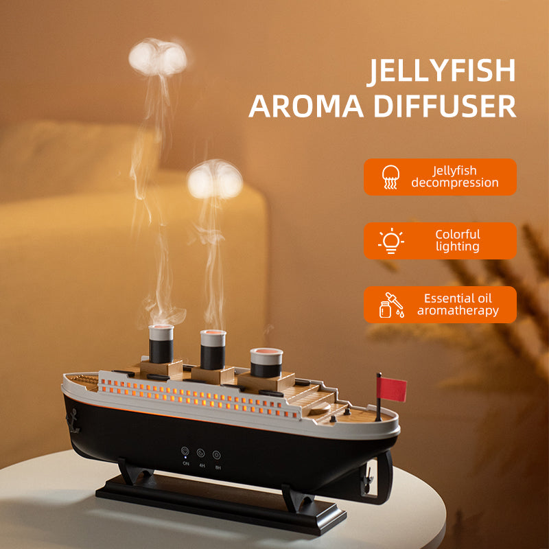 Jellyfish aroma diffuser with features listed on a warm-toned background