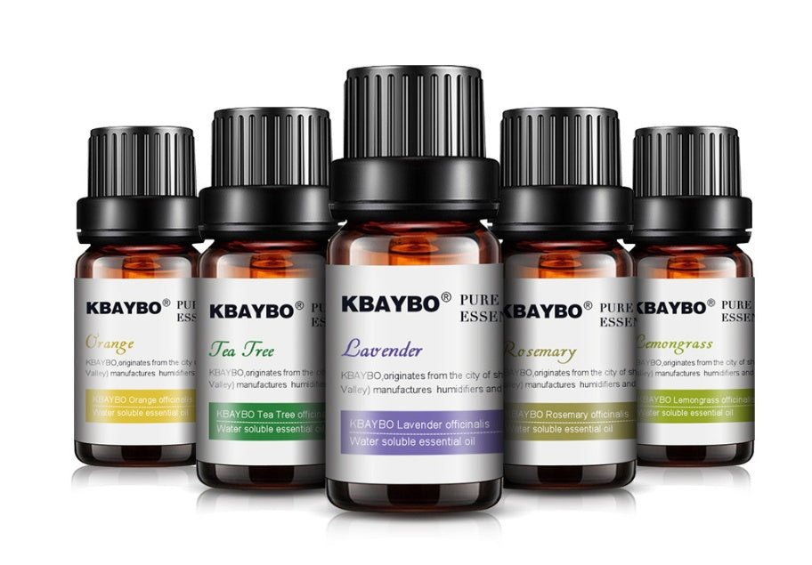 Set of KBAYBO essential oil bottles on a white background