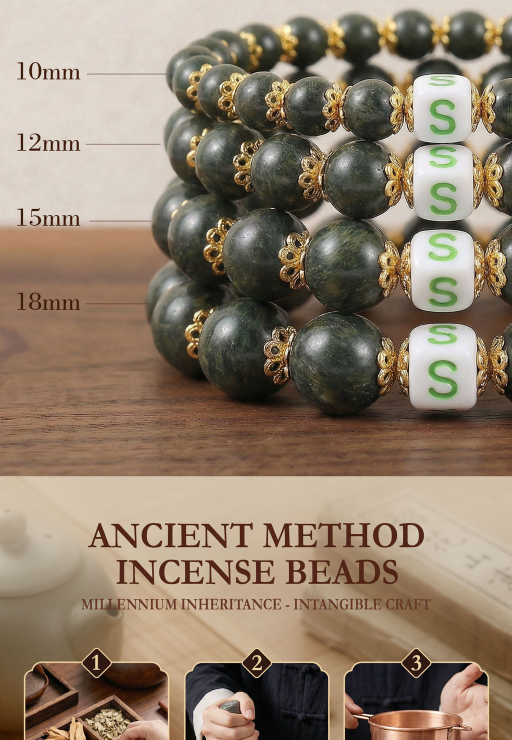 Green incense beads with gold accents and white dice with 'S' on a wooden surface, labeled with measurements.