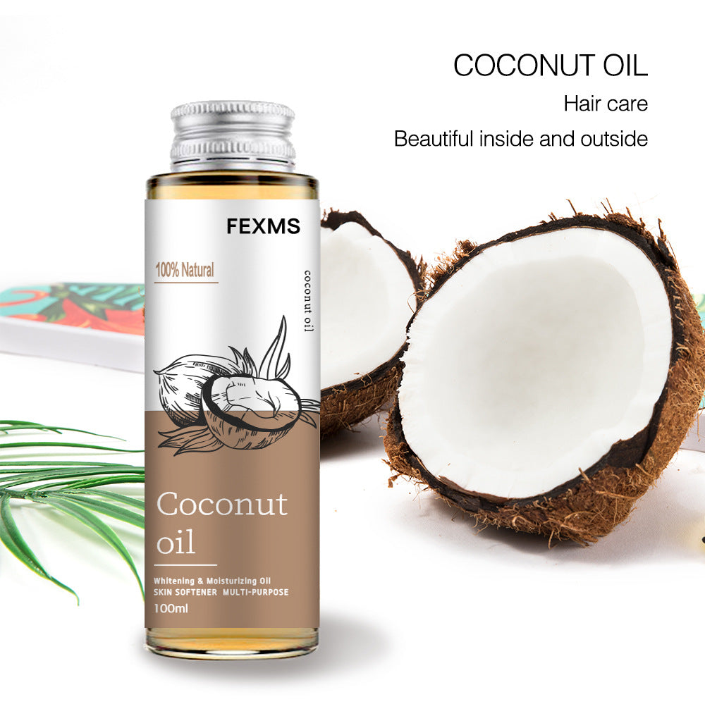 FEXMS coconut oil bottle with coconuts and palm leaves on a white background