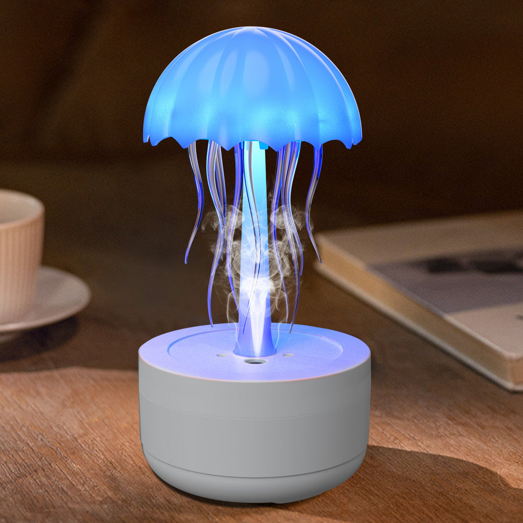 Jellyfish-shaped lamp emitting blue light on a wooden surface