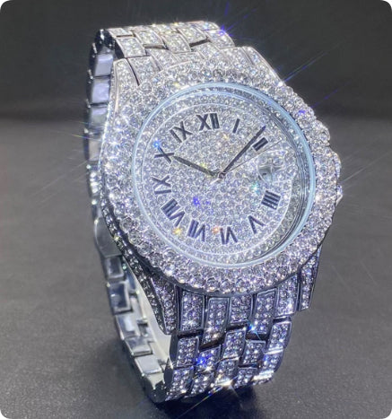 Luxury diamond-encrusted watch on a dark background