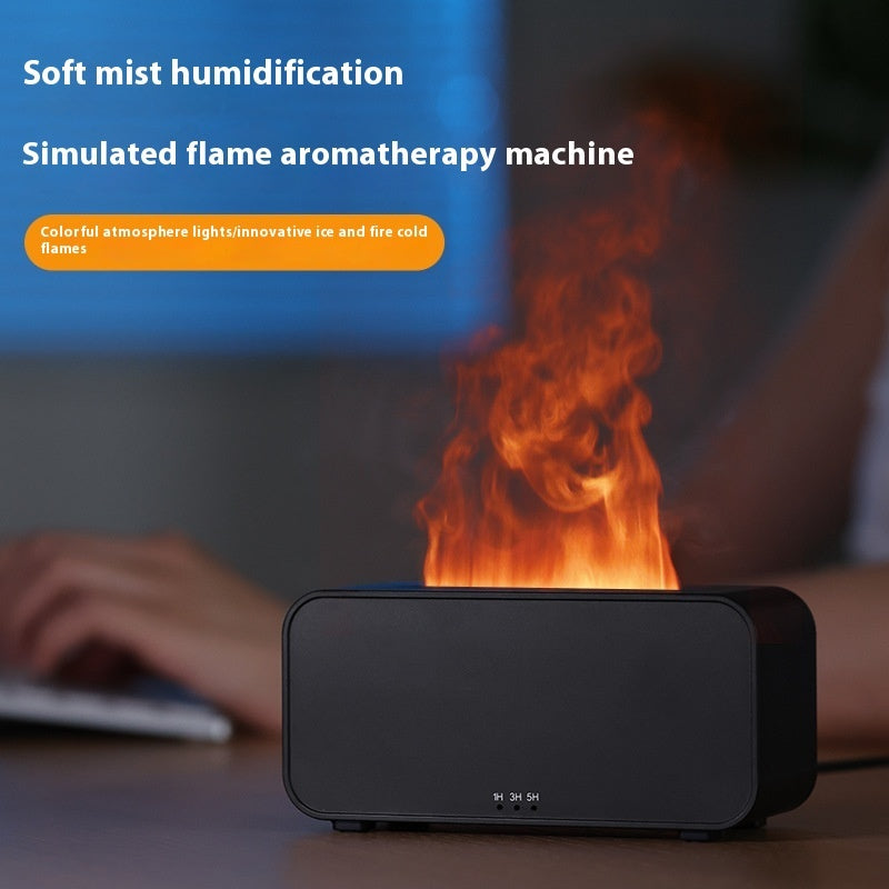 Black aromatherapy machine with flame effect on a desk, used for soft mist humidification and simulated flame.