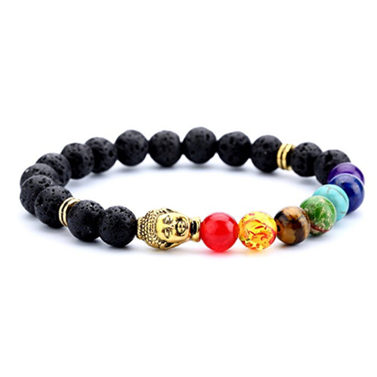 Black beaded bracelet with colorful beads and a gold Buddha figure on a white background