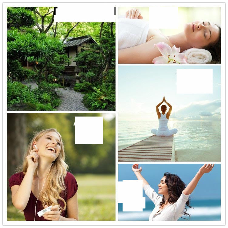 Collage of images including a garden, people relaxing, and a woman listening to music.