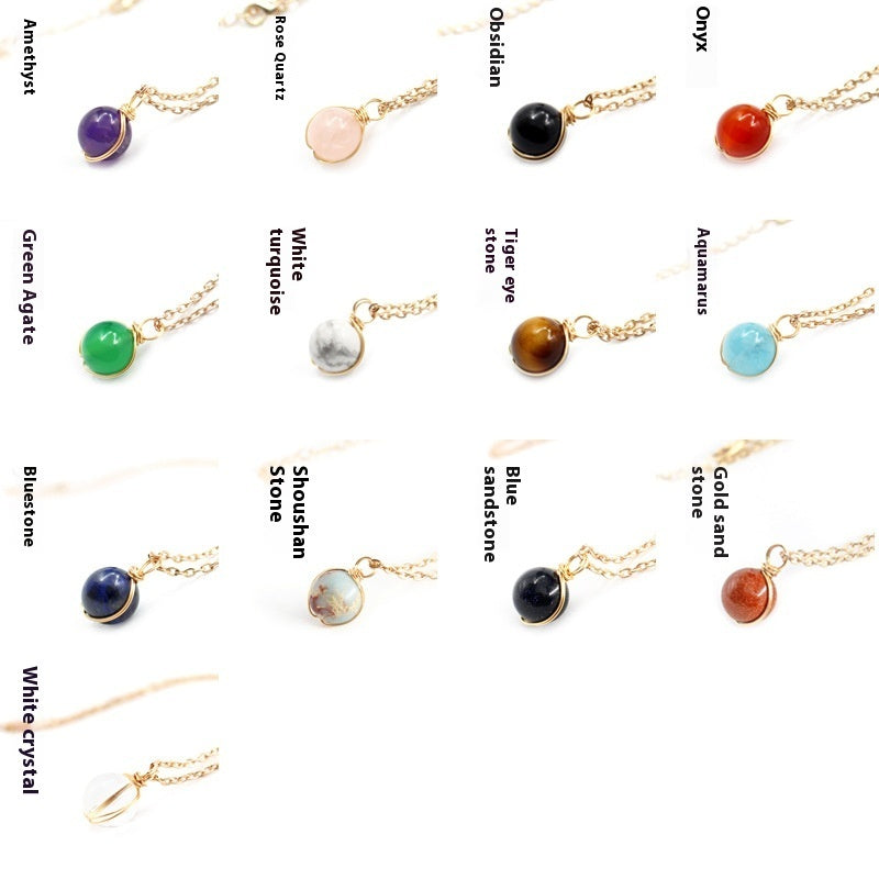 Collection of gemstone necklaces with labels on a white background
