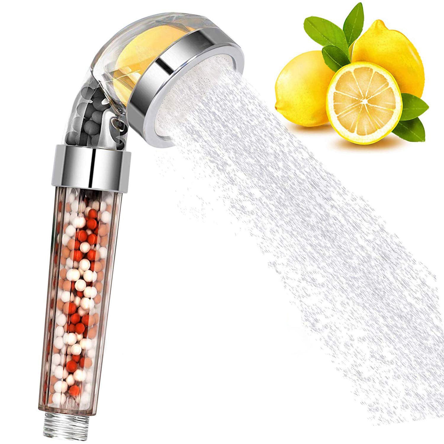 Handheld shower head with lemon and peppermint balls, emitting water, with lemons on a white background.