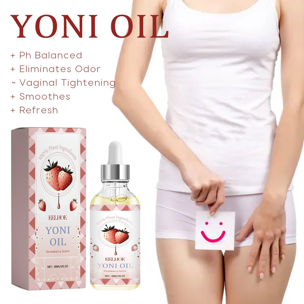 Yoni oil product with packaging and a woman holding a smiley face pad on a white background