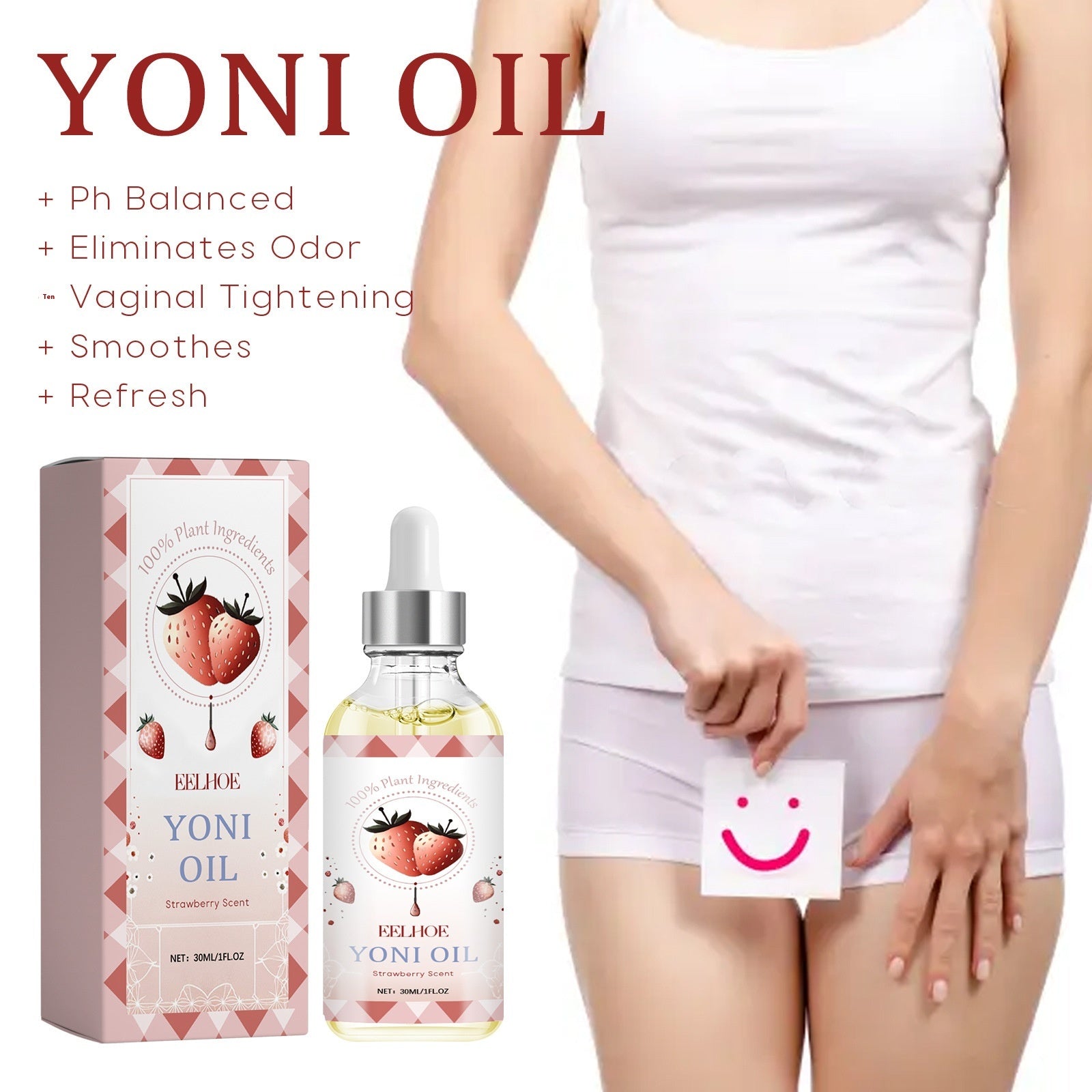 Yoni oil product with packaging and a woman holding a smiley face pad on a white background