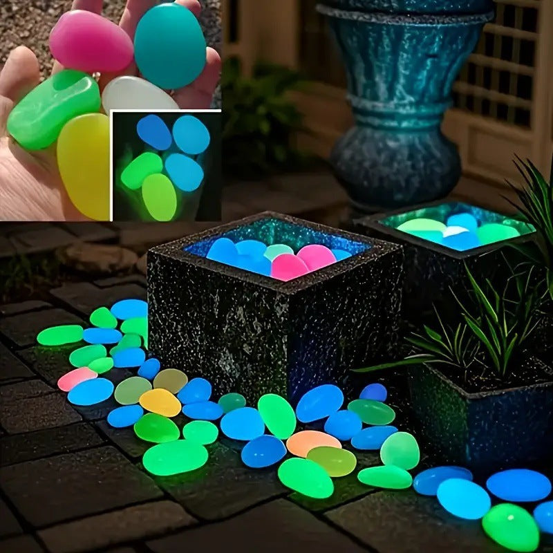Glowing multicolored stones on a patio with close-up insets of stones and lights.