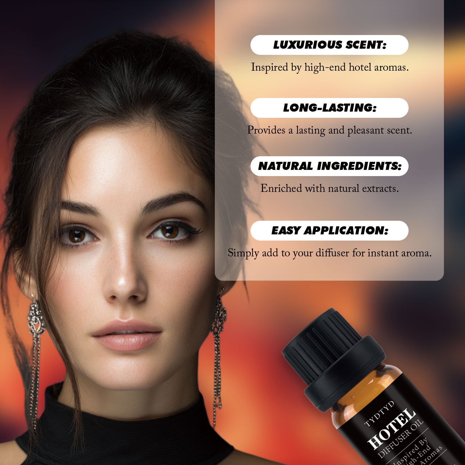 Woman with a bottle of hotel diffuser oil and product features on a colorful background
