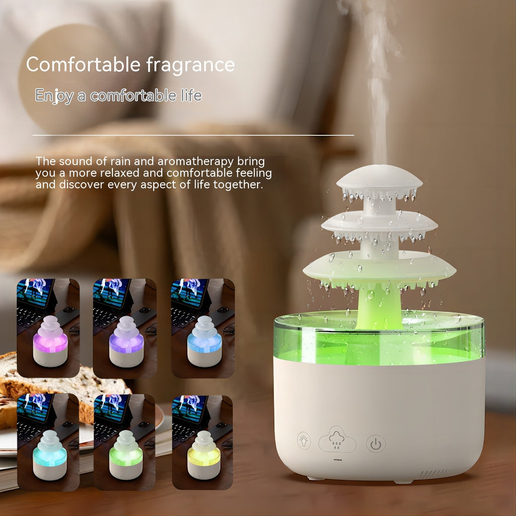 Humidifier with colorful lights on a wooden surface, featuring text about comfort and relaxation.