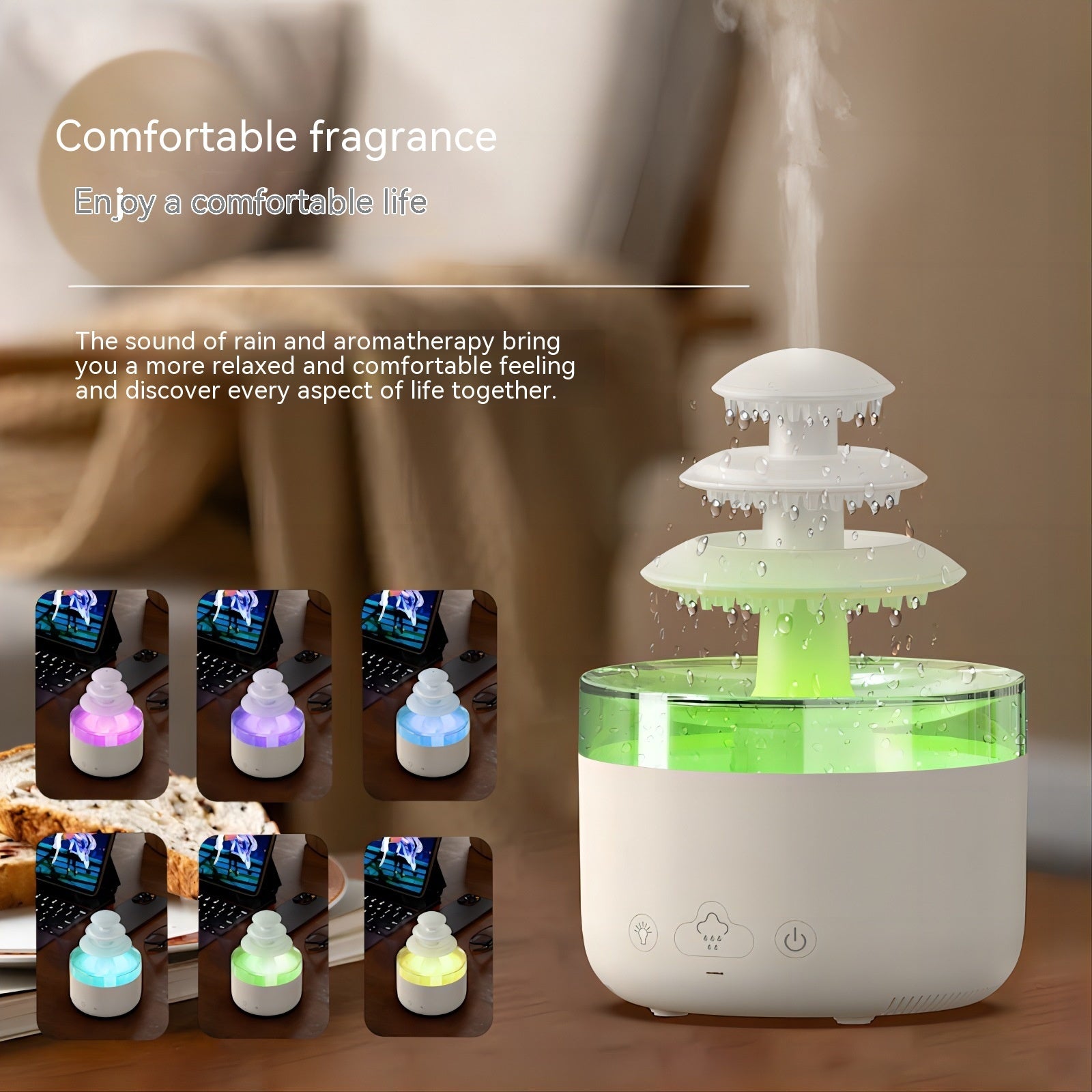Humidifier with colorful lights on a wooden surface, featuring text about comfort and relaxation.