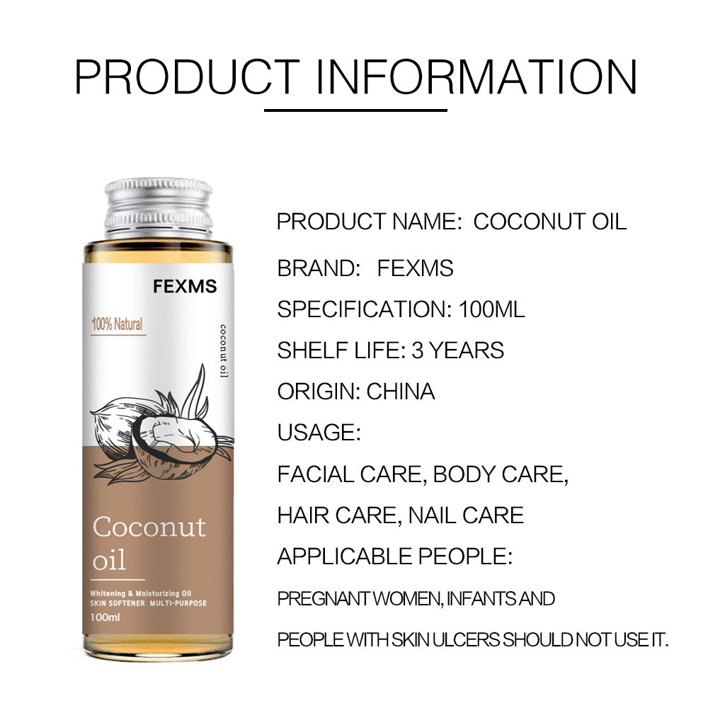 FEXMS coconut oil bottle with product information on a white background