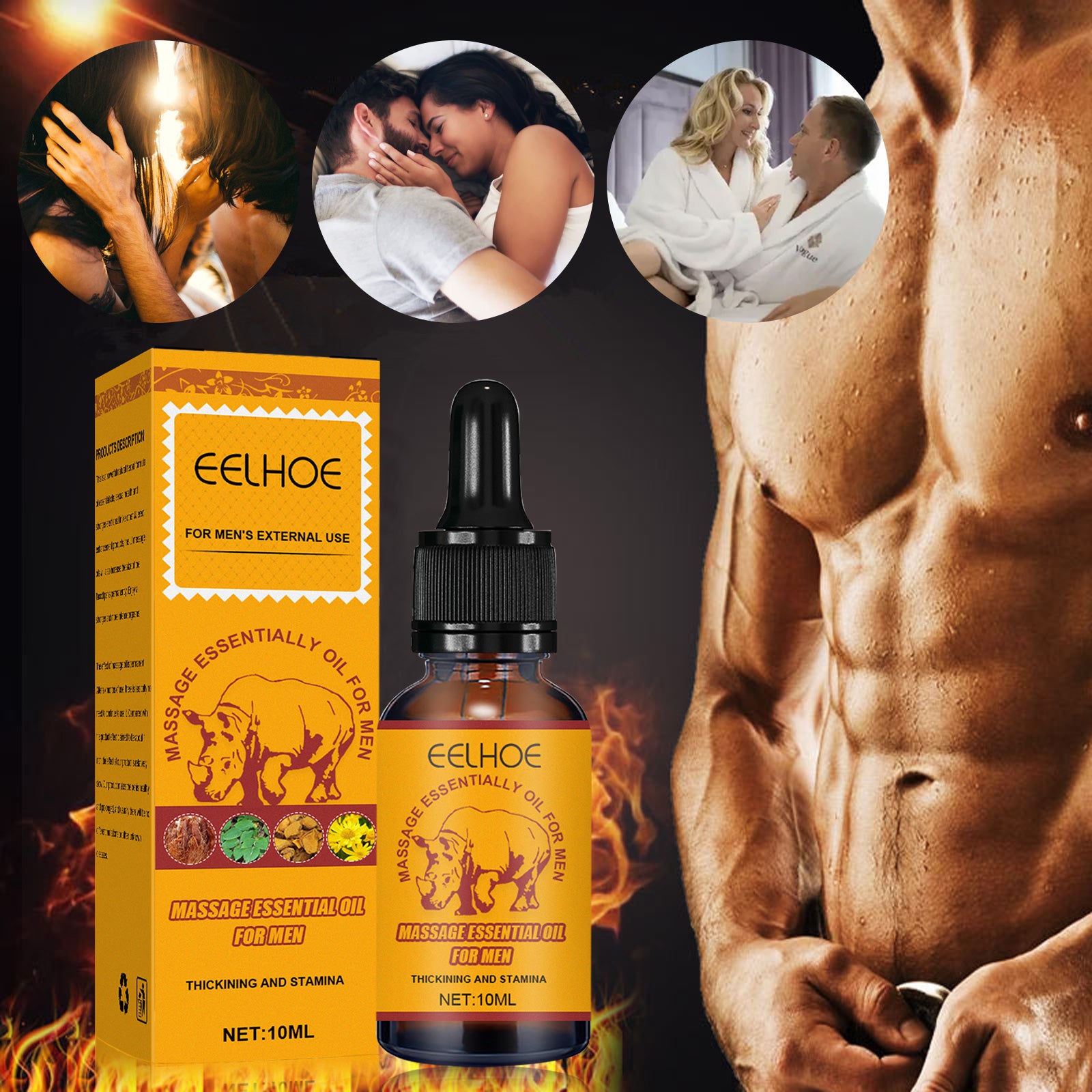 Eelhoe massage essential oil for men with packaging and bottle displayed against a dark background.