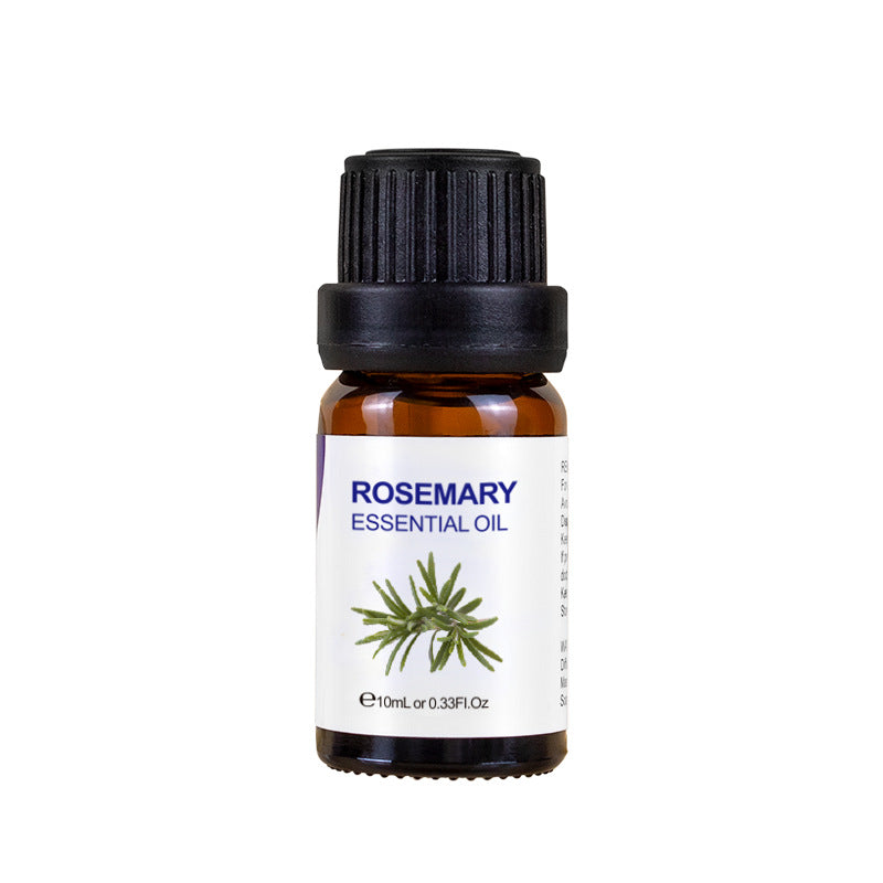 Rosemary essential oil bottle with a white label on a white background