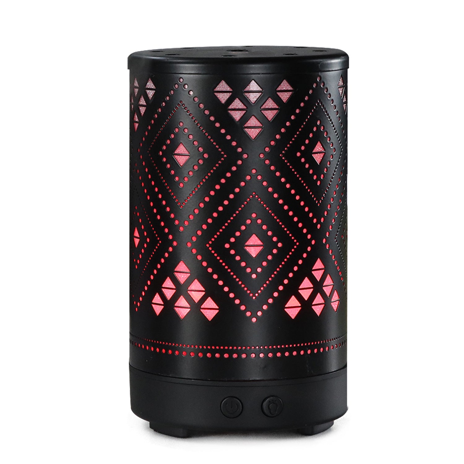 Black and pink patterned cylindrical device on a white background