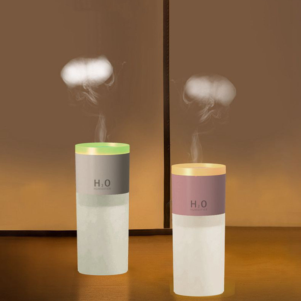 Two humidifiers labeled 'H2O' emitting mist against a warm-toned background.