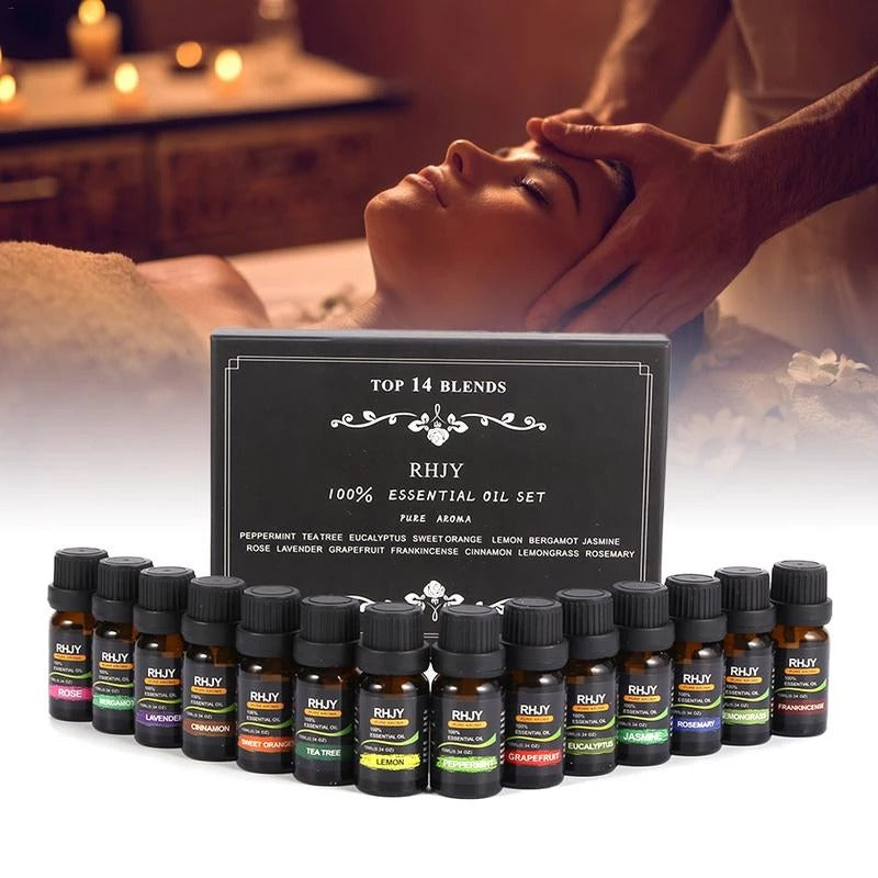 RHJY essential oil set with a person receiving a massage in the background