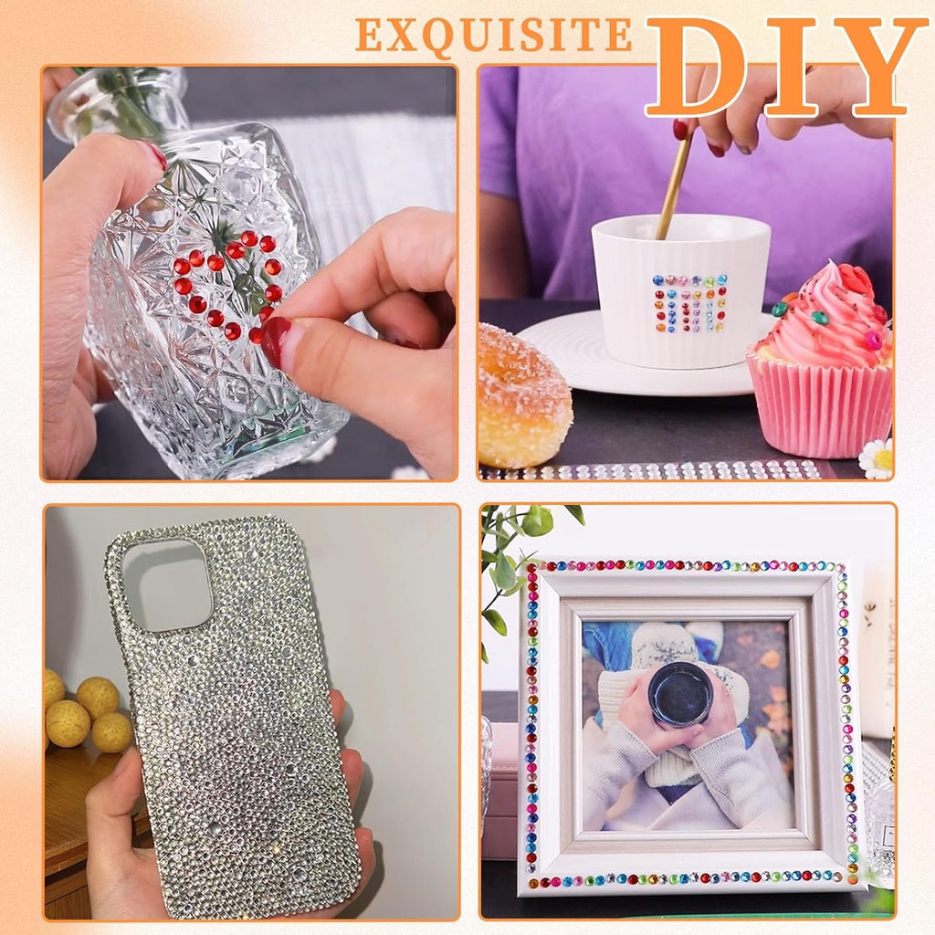 Collage of DIY projects including a crystal vase, decorated cup, rhinestone phone case, and photo frame.
