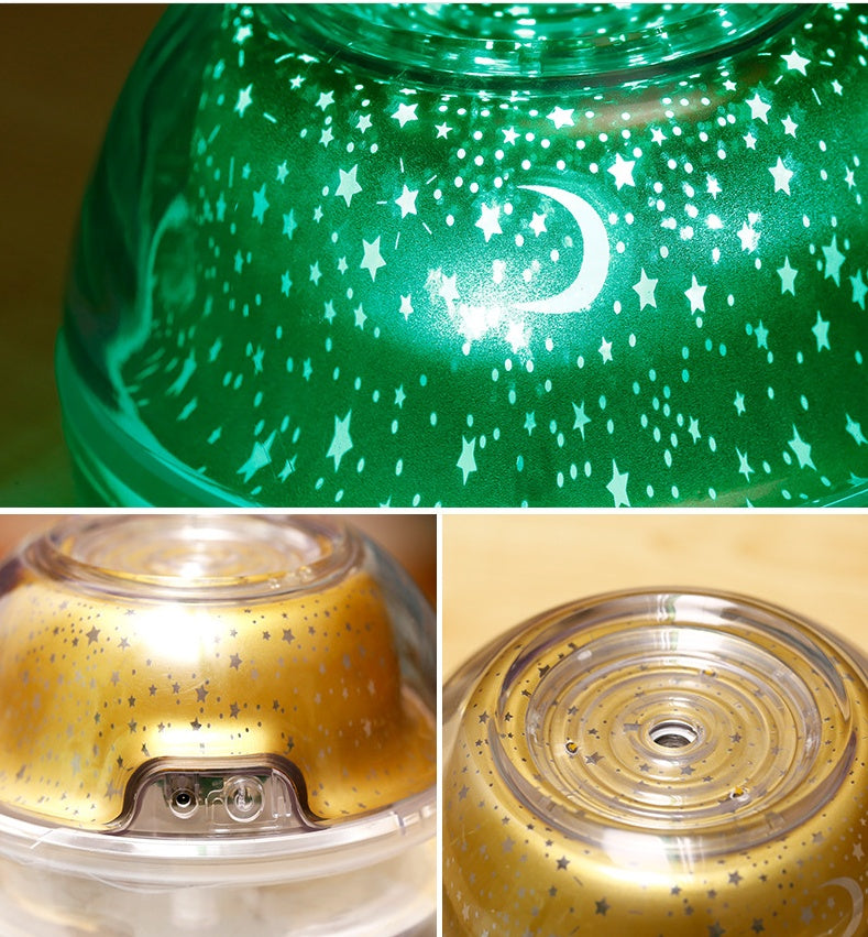 Green night light projector with star and moon patterns, shown from different angles.