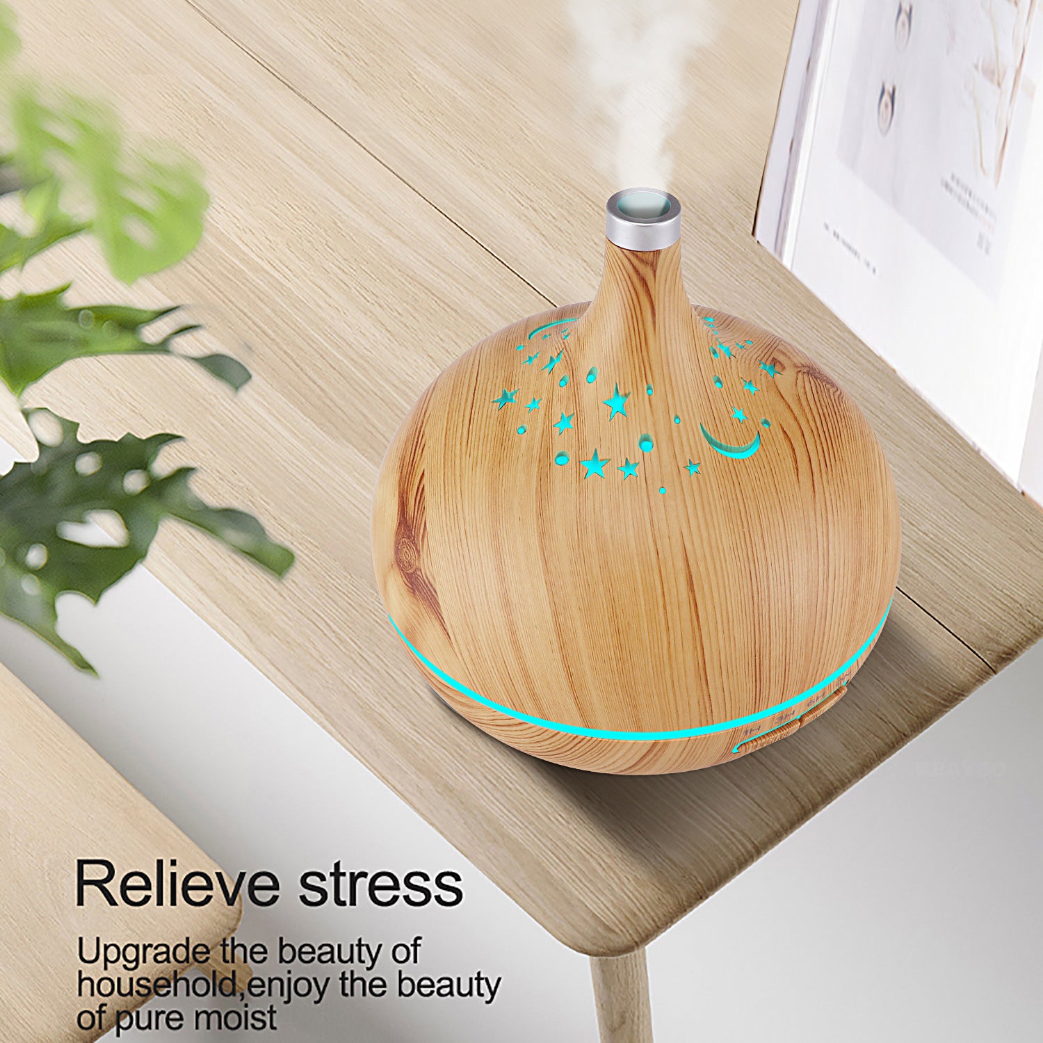 Wooden diffuser on a wooden surface with text 'Relieve stress' and 'Upgrade the beauty of household, enjoy the beauty of pure moist'.