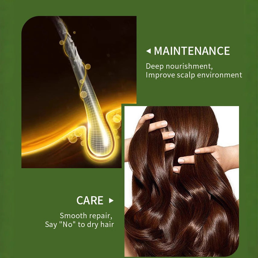 Hair care product advertisement with nourishing oil and smooth hair strands on a green background.