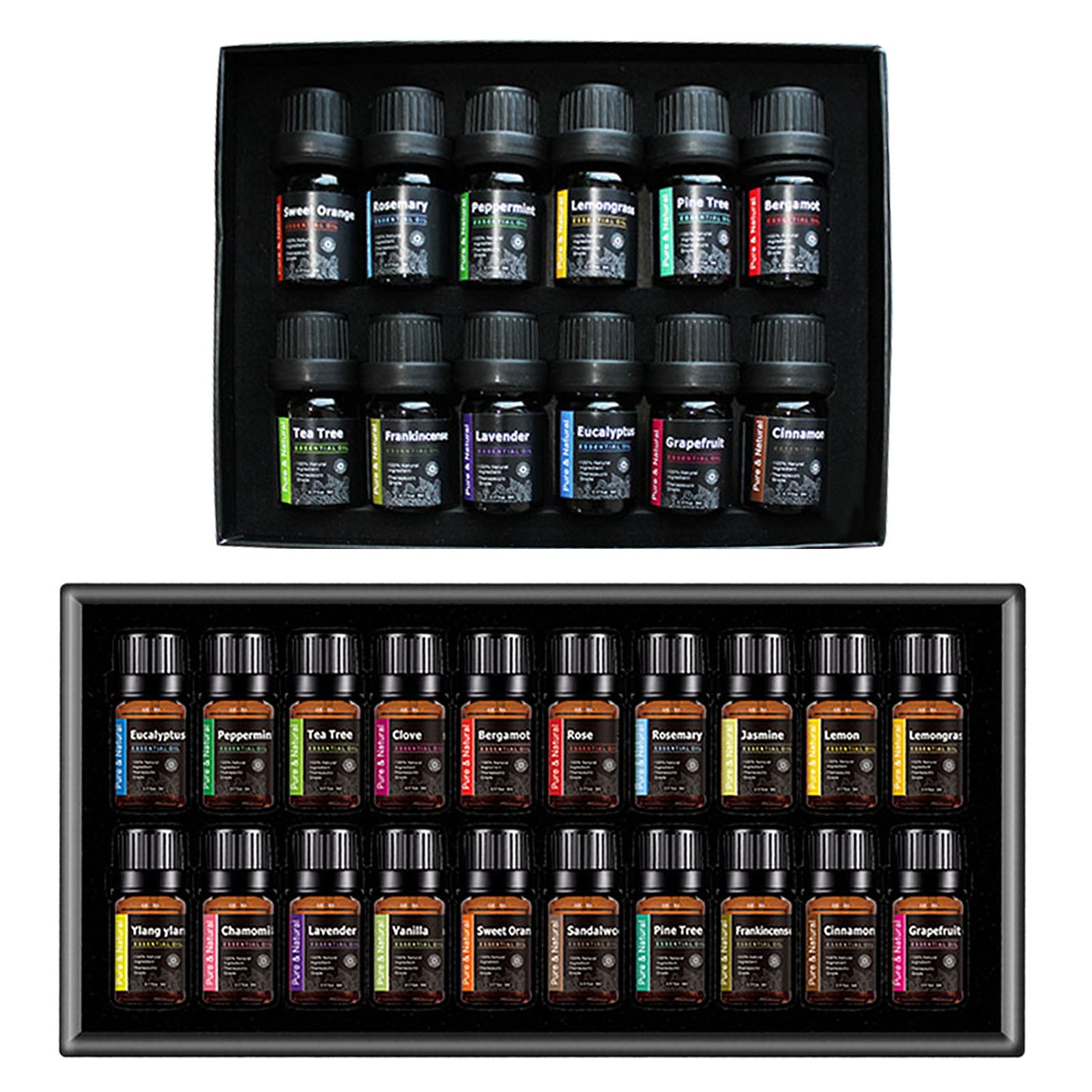 Set of essential oil bottles in two black display boxes on a white background