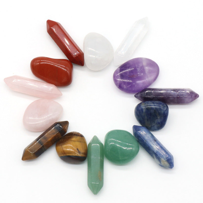 Assorted colorful crystals on a white background