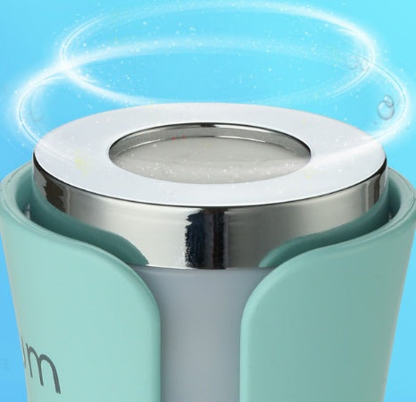 Turquoise tumbler with a white lid on a blue background