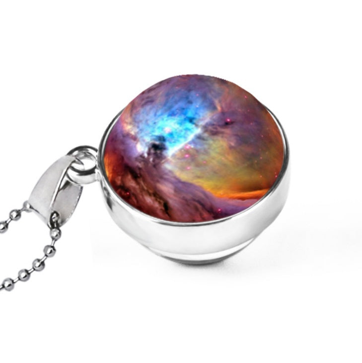 Necklace with a colorful nebula pendant on a white background