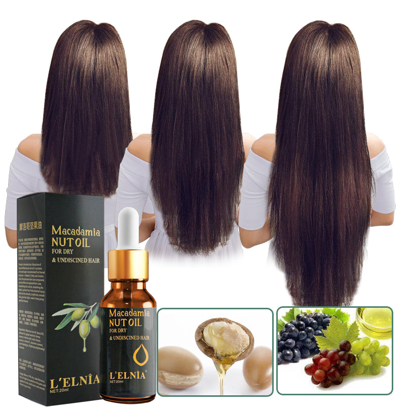 Macadamia nut oil for hair care with a bottle and packaging on a white background
