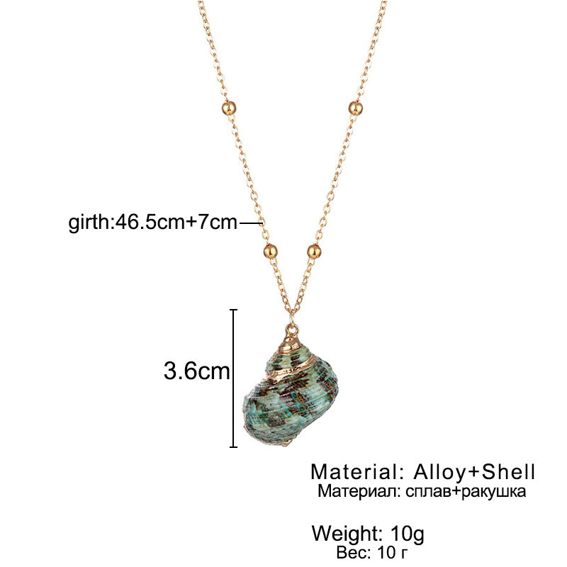Necklace with a shell pendant and measurement details on a white background