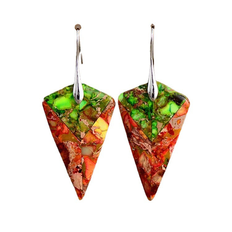Triangular mosaic earrings with multicolor design on a white background