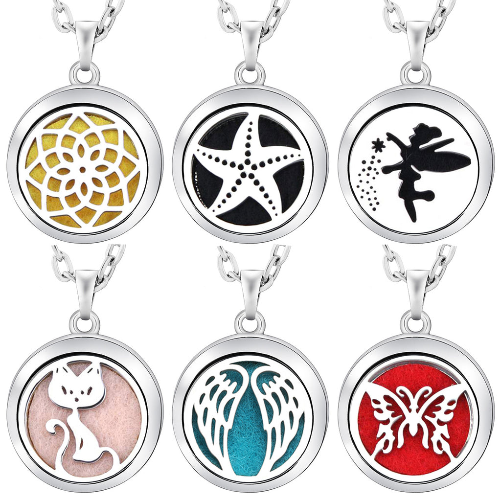 Set of six round pendant necklaces with various designs on a white background
