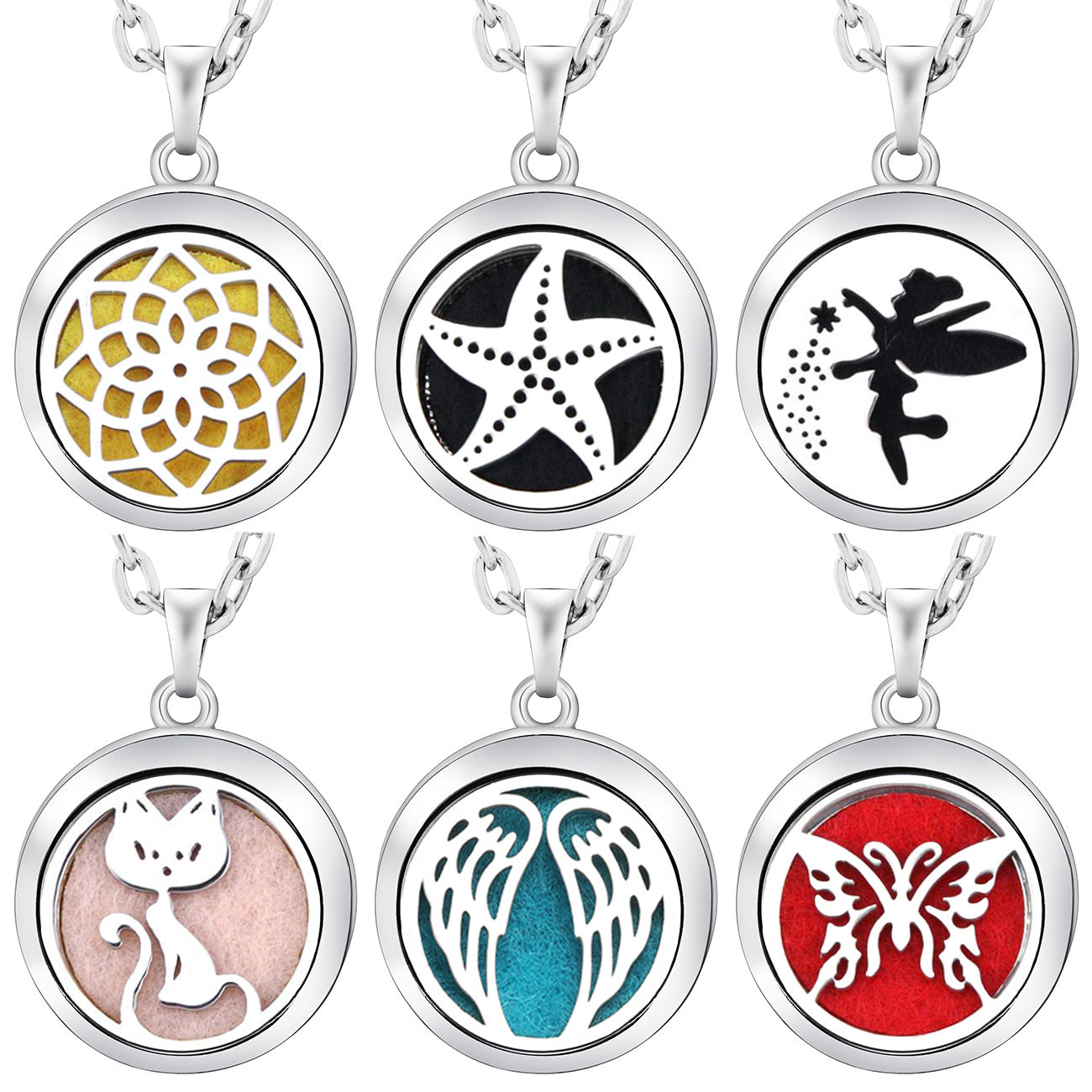 Set of six round pendant necklaces with various designs on a white background