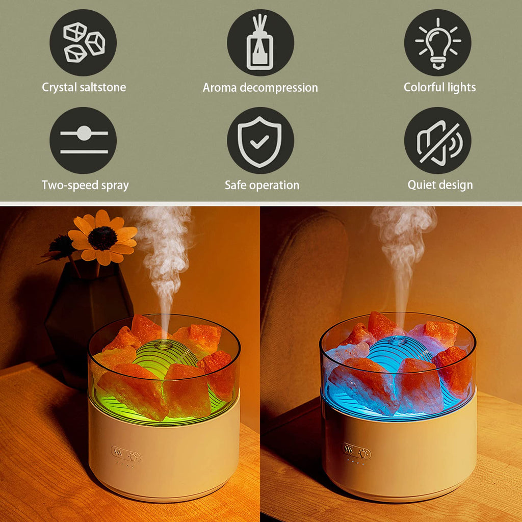 Two humidifiers with colorful lights and steam, featuring icons and text on a green background.