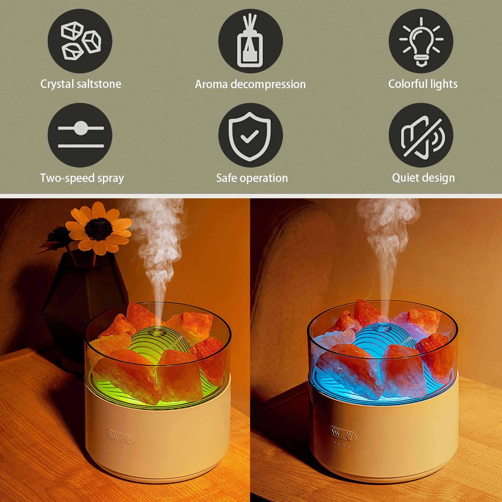 Two humidifiers with colorful lights and steam, featuring icons and text on a green background.