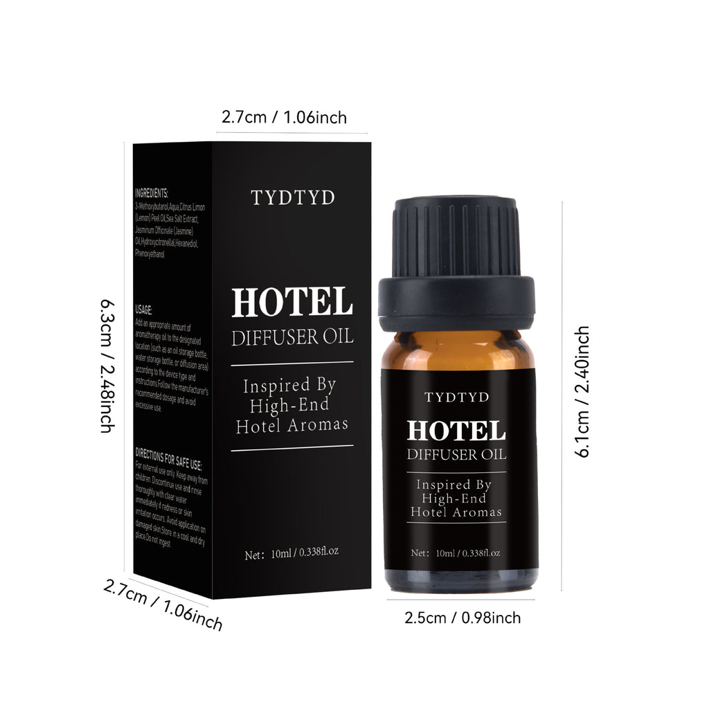TYDTYD Hotel Diffuser Oil packaging and bottle with dimensions on a white background