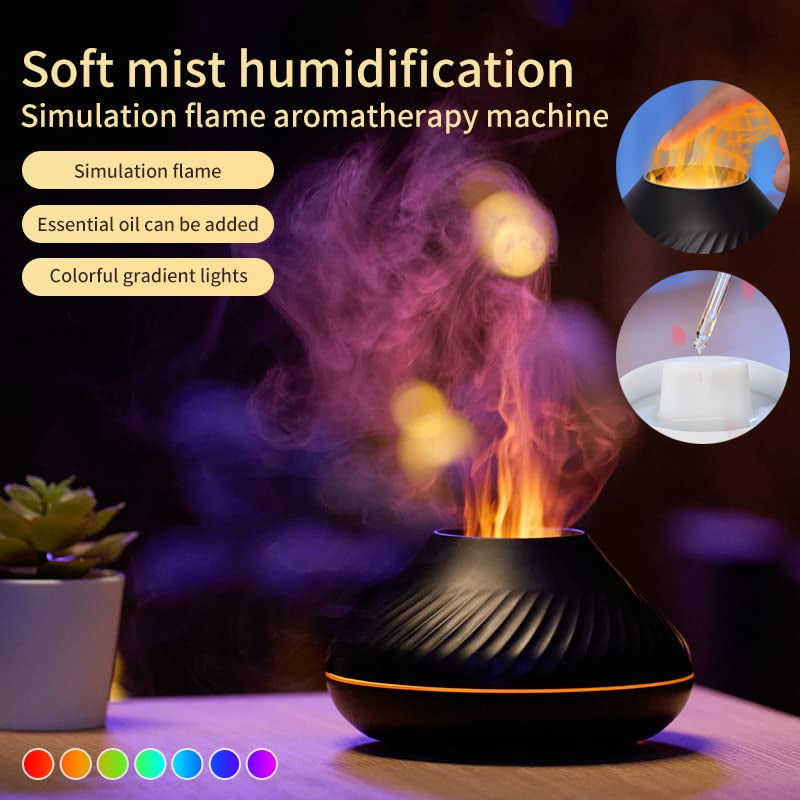 Aromatherapy machine with simulation flame and colorful gradient lights on a dark background.