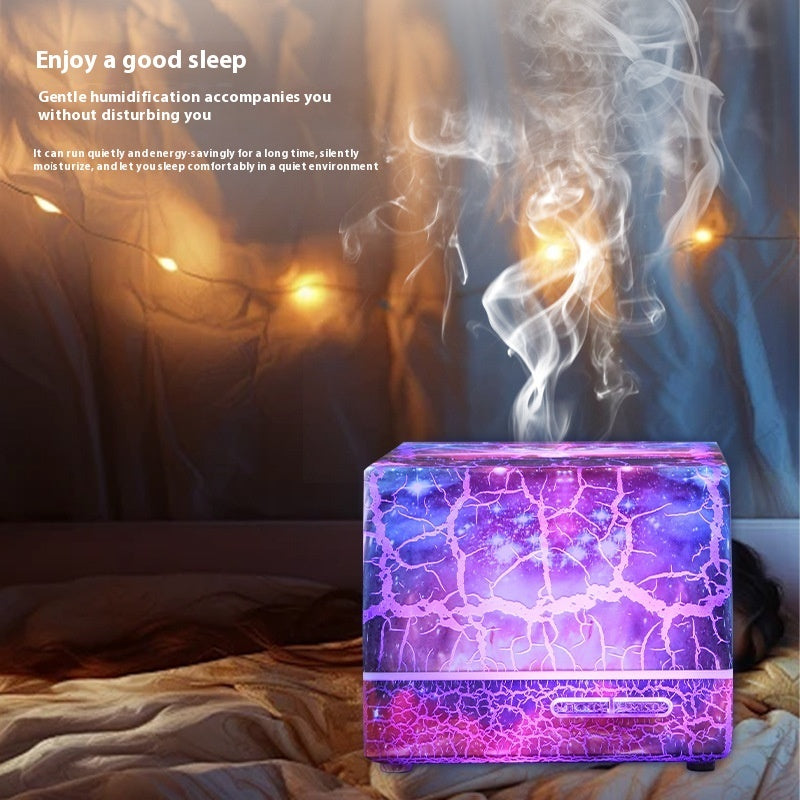 Humidifier emitting mist in a bedroom setting with text about its benefits.