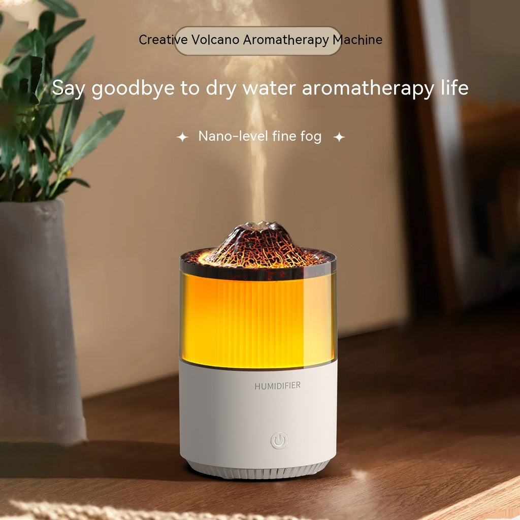 Aromatherapy machine emitting mist with a plant in the background