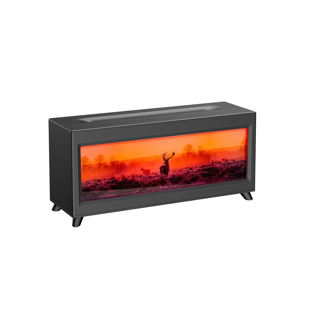 Rectangular fireplace with deer scene on a white background