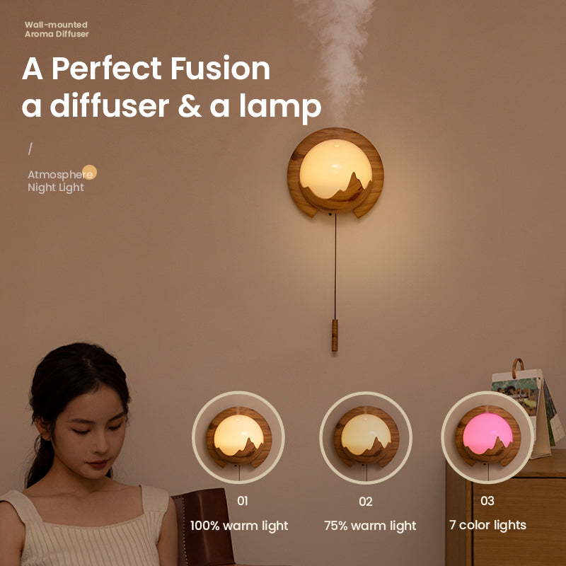 Wall-mounted aroma diffuser with lighting options displayed on a wall.