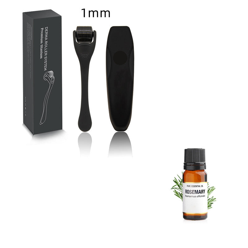 Black derma roller with packaging, a small bottle labeled 'Rosemary', and text indicating '0.75mm' on a white background.