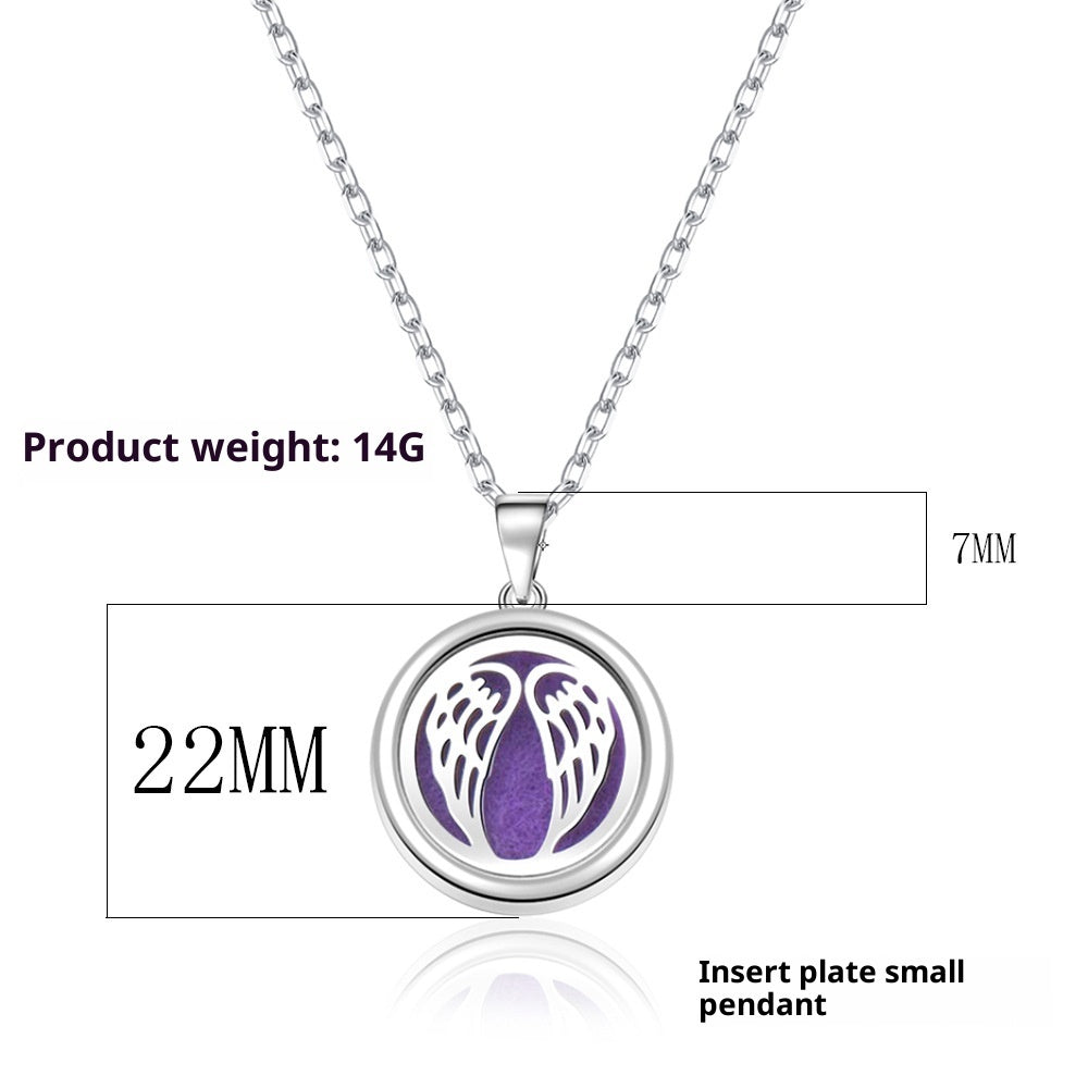 Necklace with a round pendant featuring angel wings design, on a white background.